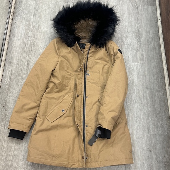 Tahari Women's Camel Puffer Coat with Black Faux Fur Hood - Picture 6 of 7